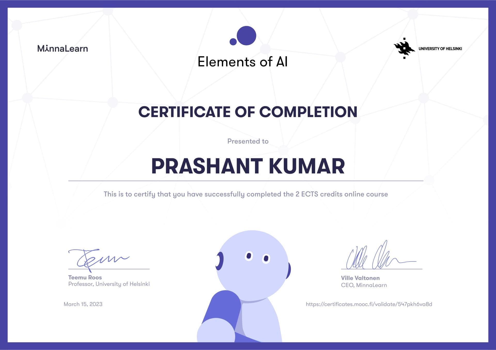 Elements of AI - Certificate of Completion